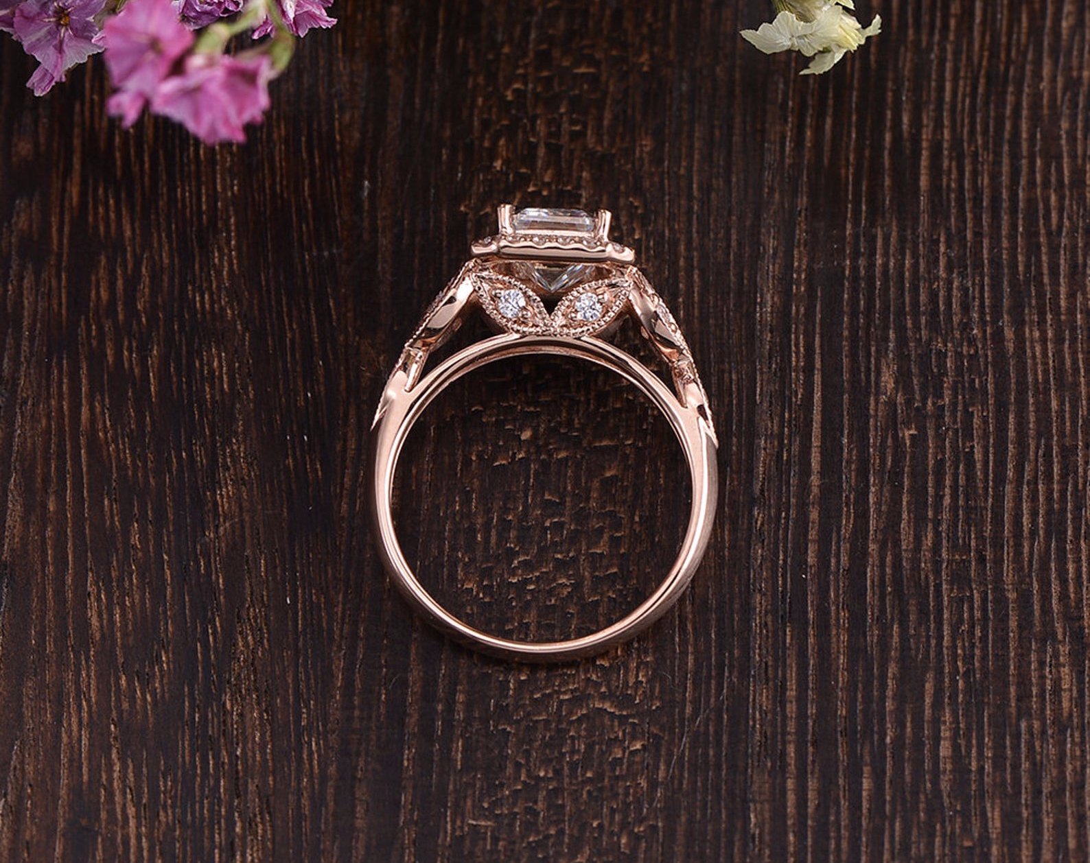 Emerald Cut Lab Diamond Engagement Ring, Floral Art Deco Halo Design