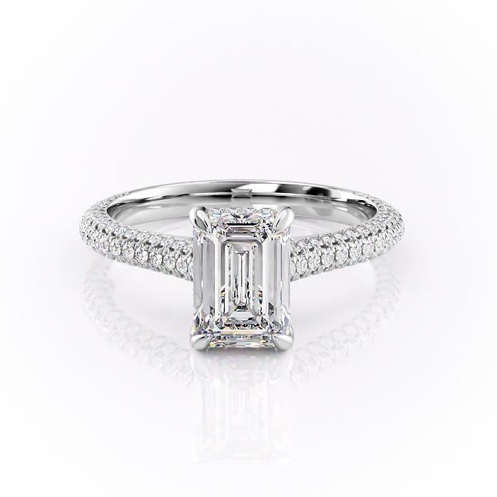Emerald Cut Lab Diamond Engagement Ring, Pave Set Shoulders