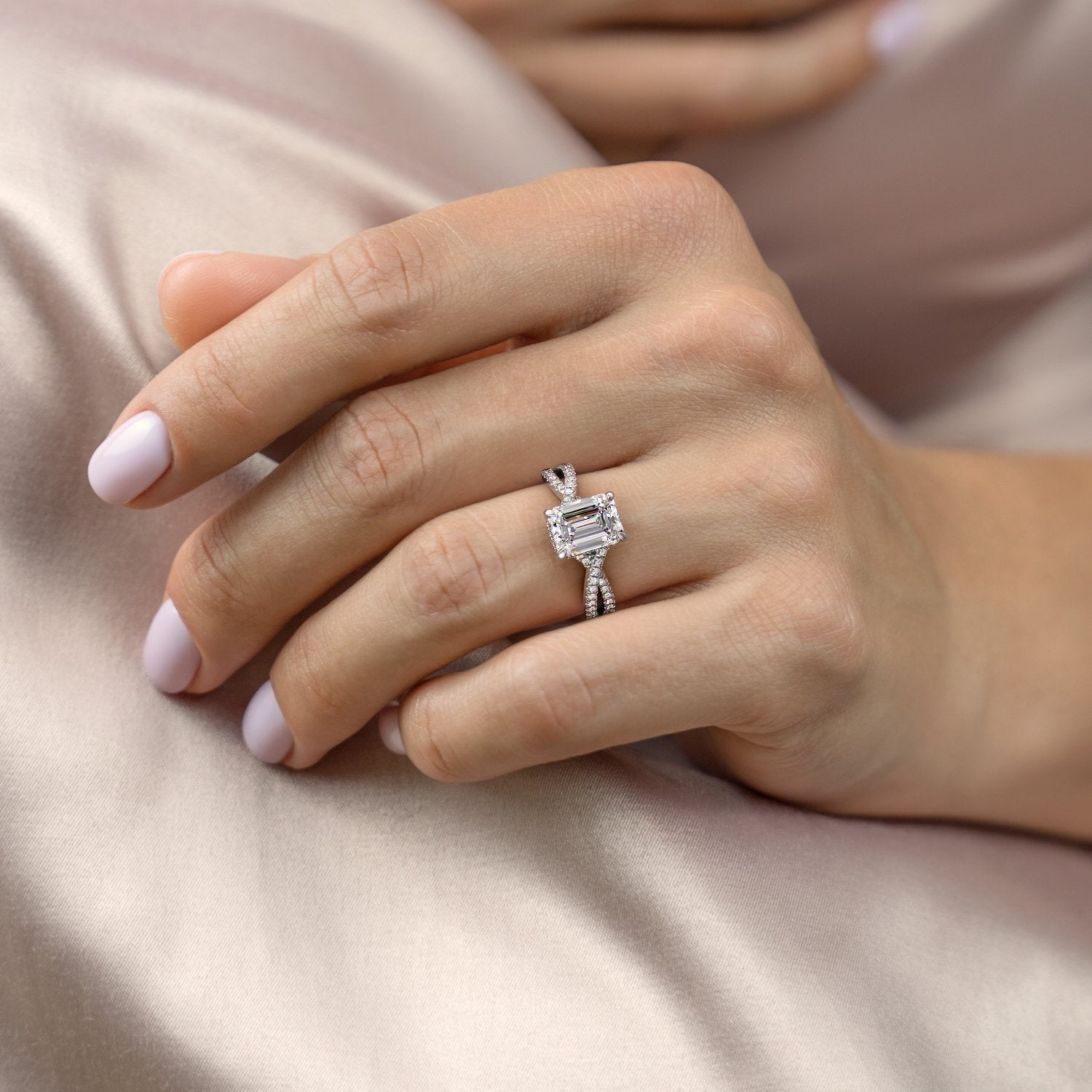 Emerald Cut Lab Diamond Engagement Ring, Twisted Stone Set Shoulders
