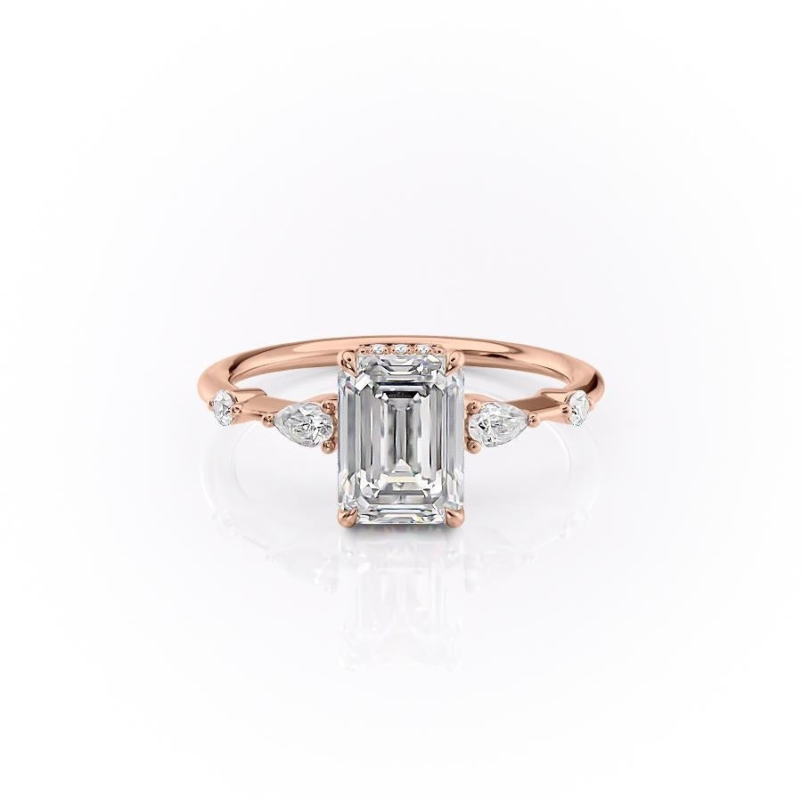 Emerald Cut Lab Diamond Shoulder Set Ring With Hidden Halo