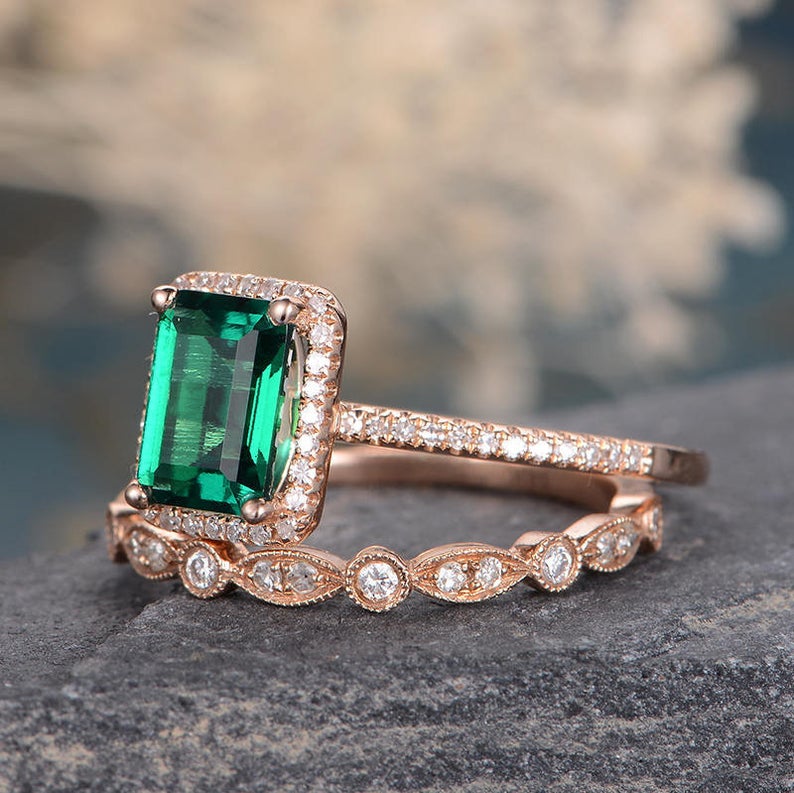 Lab Emerald & Lab Diamond Bridal Ring Set