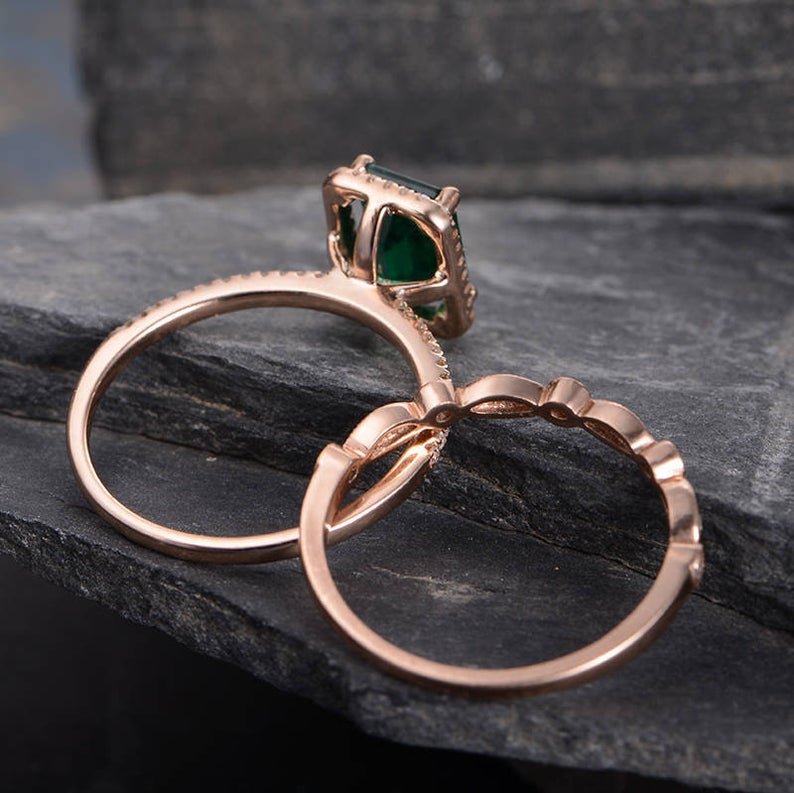 Lab Emerald & Lab Diamond Bridal Ring Set