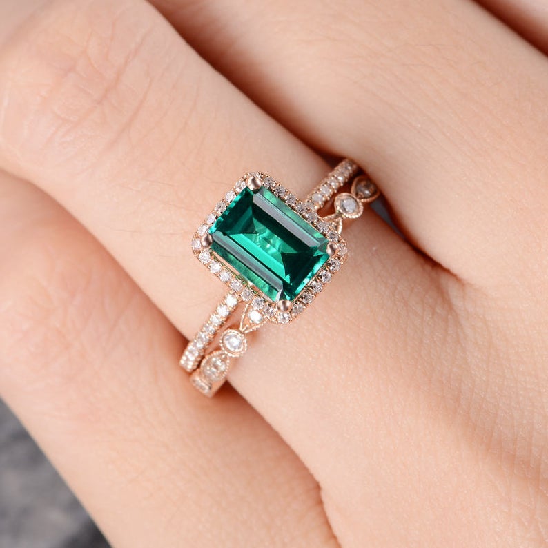 Lab Emerald & Lab Diamond Bridal Ring Set