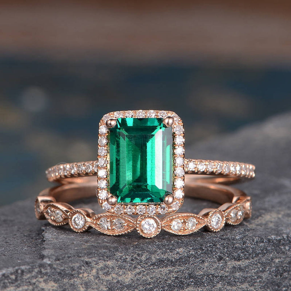Lab Emerald & Lab Diamond Bridal Ring Set