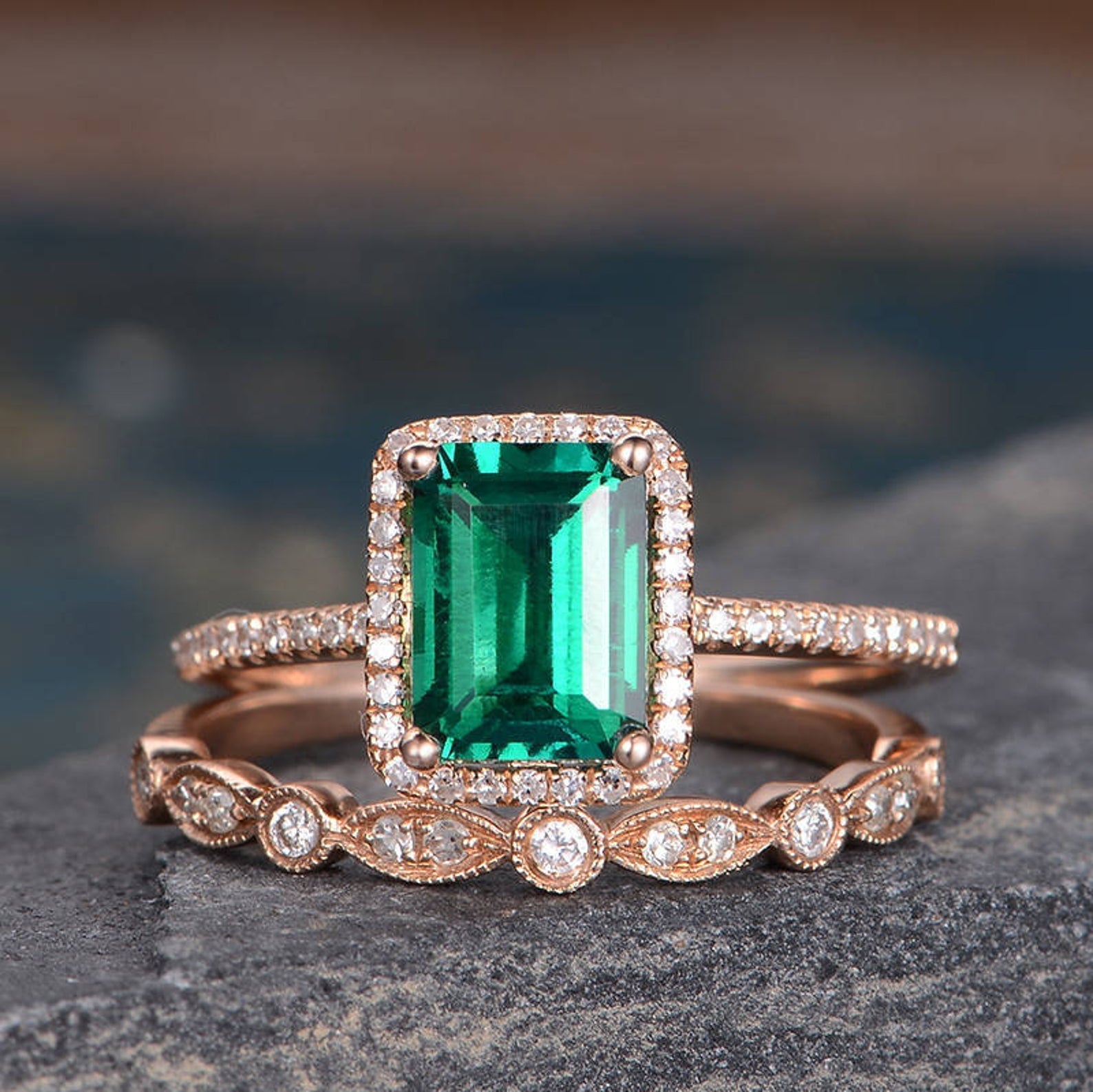 Lab Emerald & Lab Diamond Bridal Ring Set