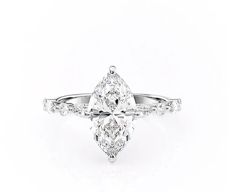 Marquise Cut Lab Diamond Engagement Ring With Hidden Halo