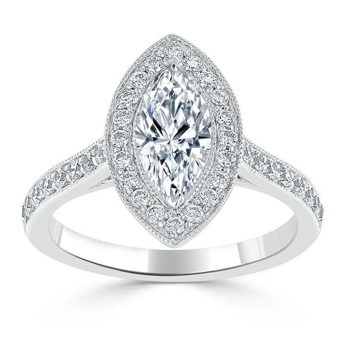 Marquise Cut Lab Diamond Halo Engagement Ring, Tiffany Style