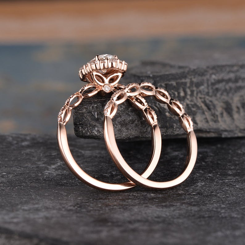 Oval Cut Lab Diamond Bridal Ring Set, Vintage Inspired