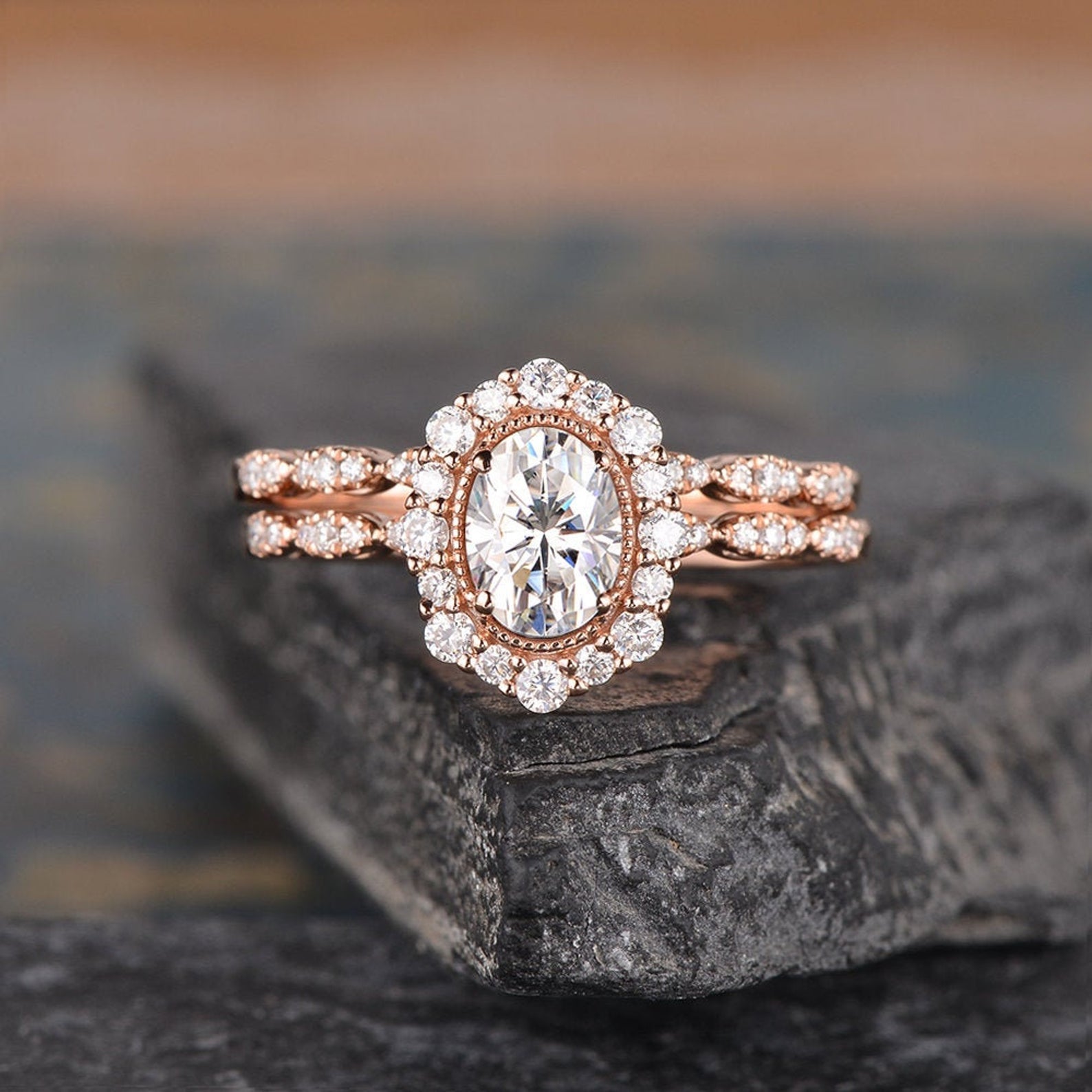 Oval Cut Lab Diamond Bridal Ring Set, Vintage Inspired