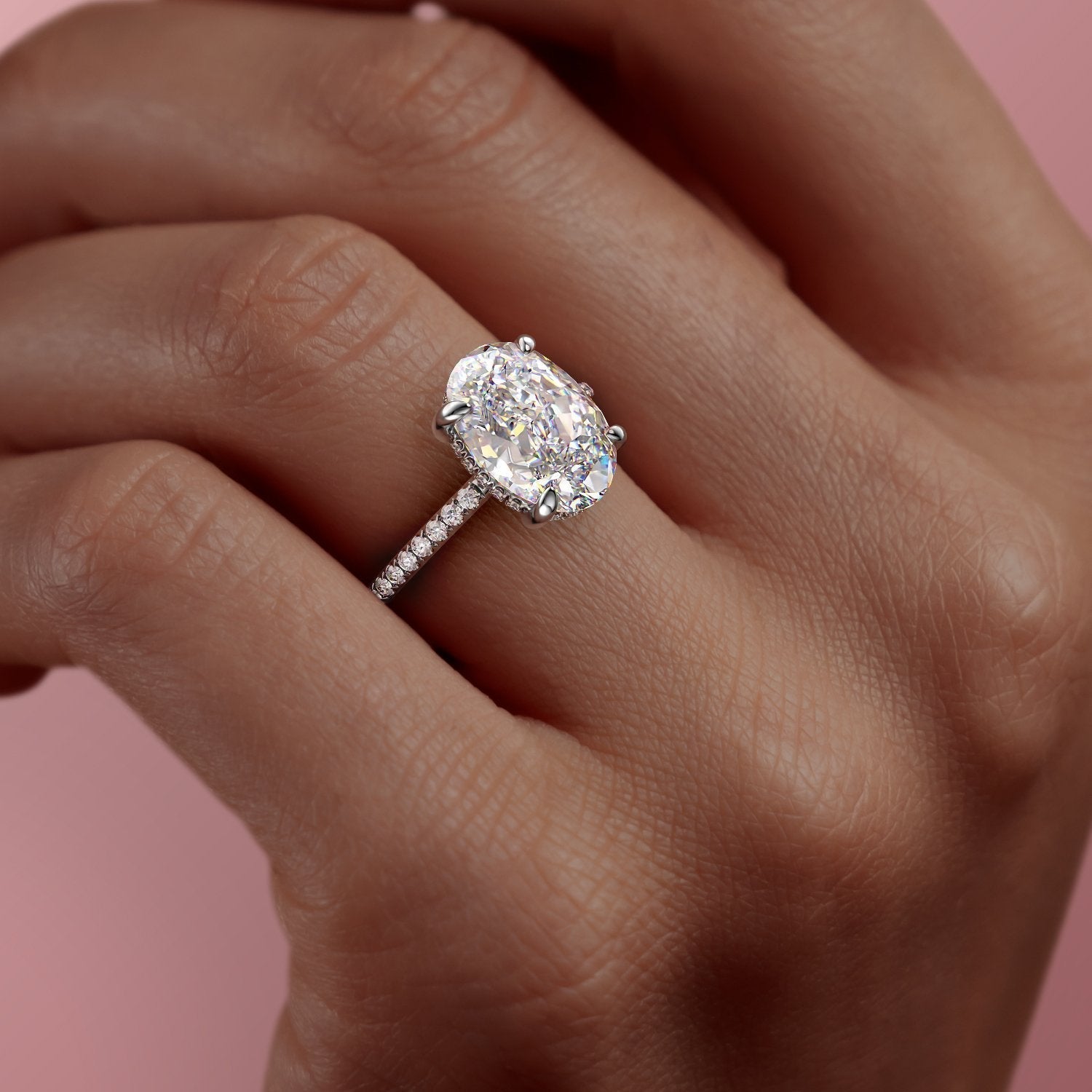 Oval Cut Lab Diamond Engagement Ring, Hidden Halo