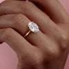 Oval Cut Lab Diamond Engagement Ring, Plain Band & Hidden Halo
