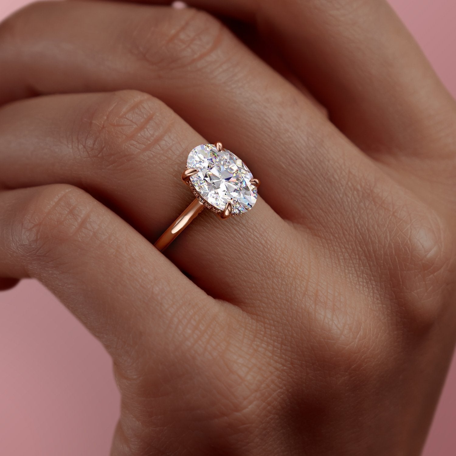 Oval Cut Lab Diamond Engagement Ring, Plain Band & Hidden Halo