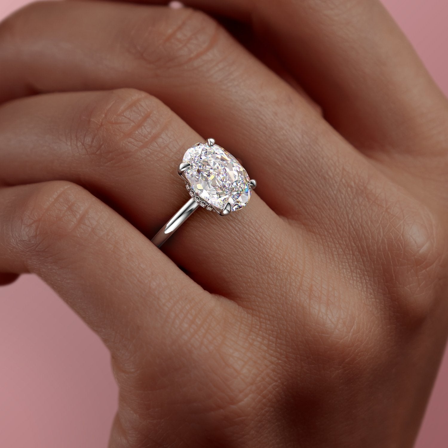Oval Cut Lab Diamond Engagement Ring, Plain Band & Hidden Halo