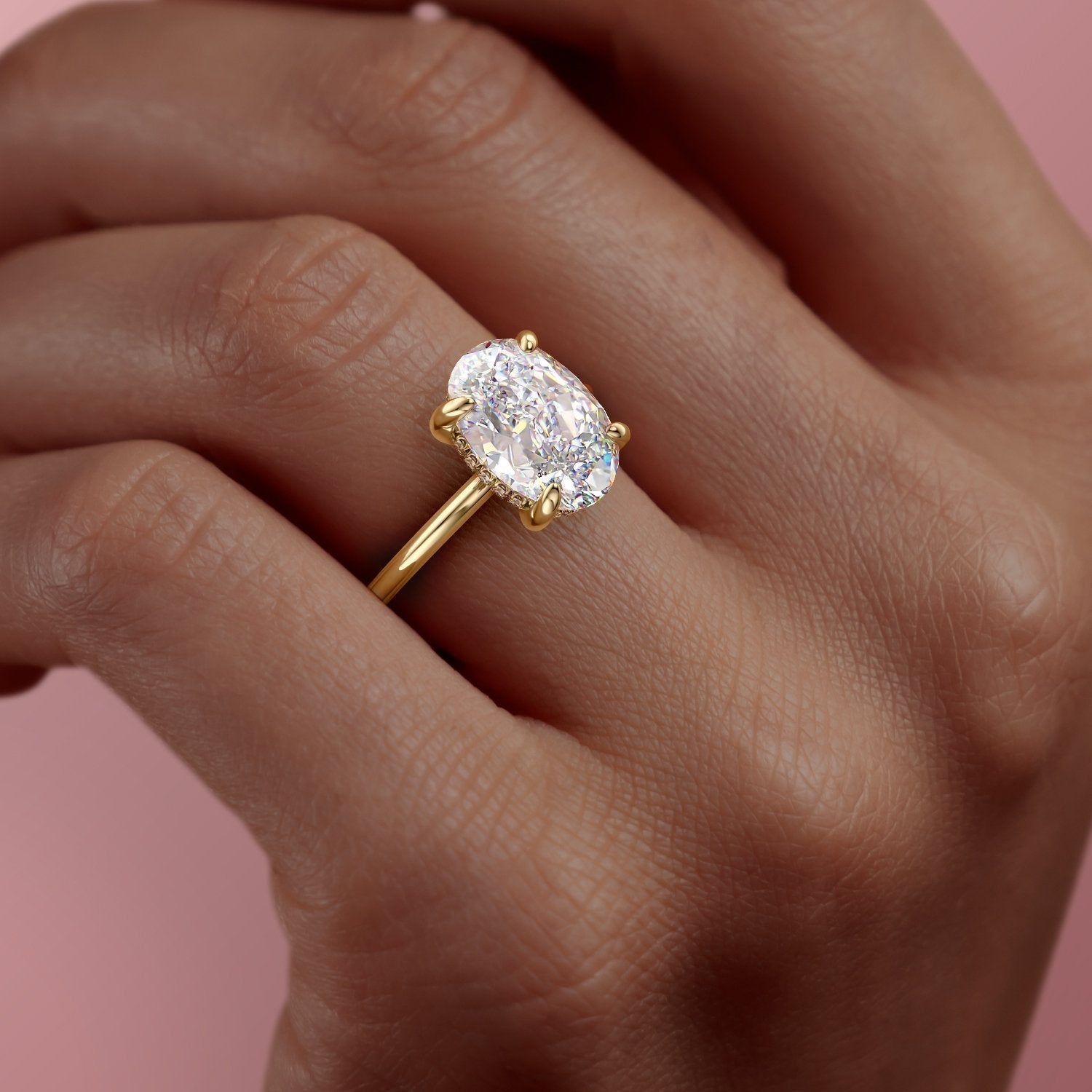 Oval Cut Lab Diamond Engagement Ring, Plain Band & Hidden Halo