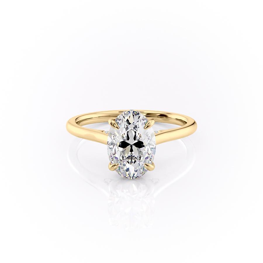 Oval Cut Lab Diamond Engagement Ring, Plain Band & Hidden Halo