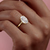 Oval Cut Lab Diamond Engagement Ring, Plain Band & Hidden Halo