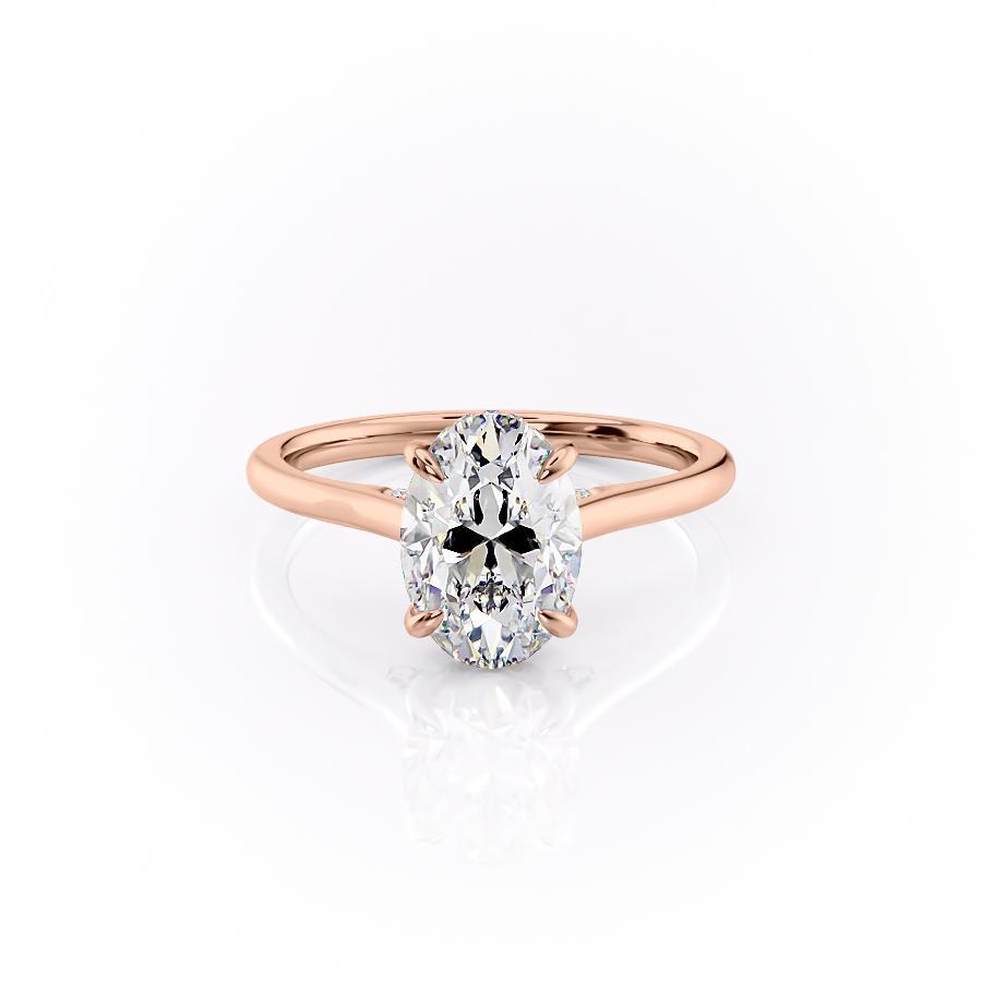 Oval Cut Lab Diamond Engagement Ring, Plain Band & Hidden Halo