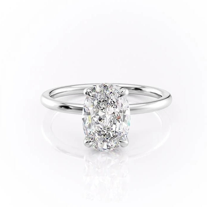 Oval Cut Lab Diamond Engagement Ring, Plain Band & Hidden Halo