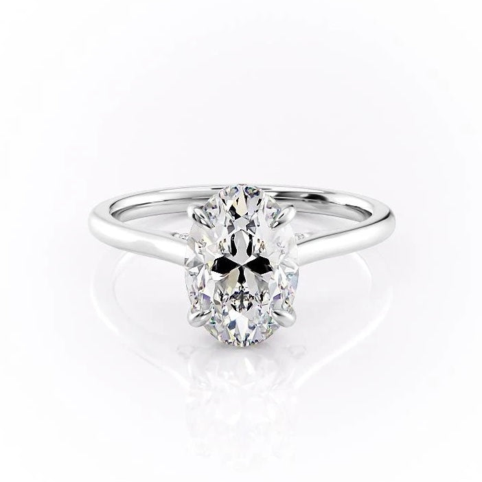Oval Cut Lab Diamond Engagement Ring, Plain Band & Hidden Halo