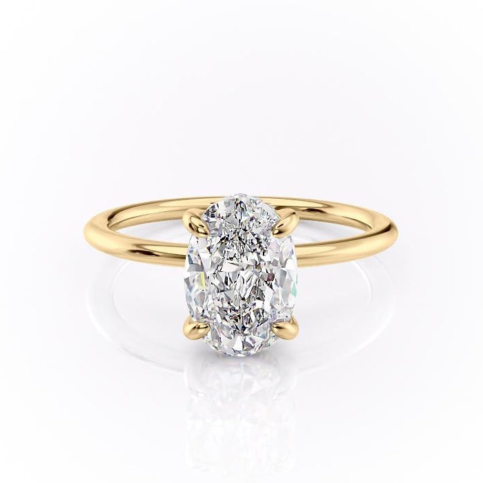 Oval Cut Lab Diamond Engagement Ring, Plain Band & Hidden Halo