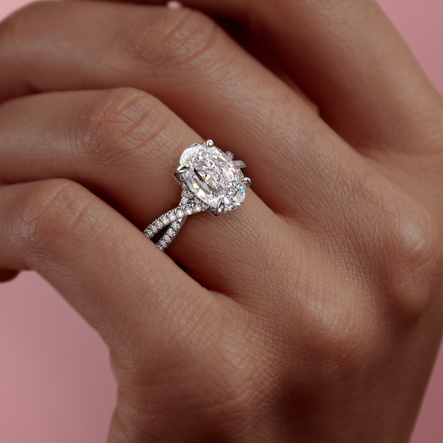 Oval Cut Lab Diamond Engagement Ring, Twisted Stone Set Band
