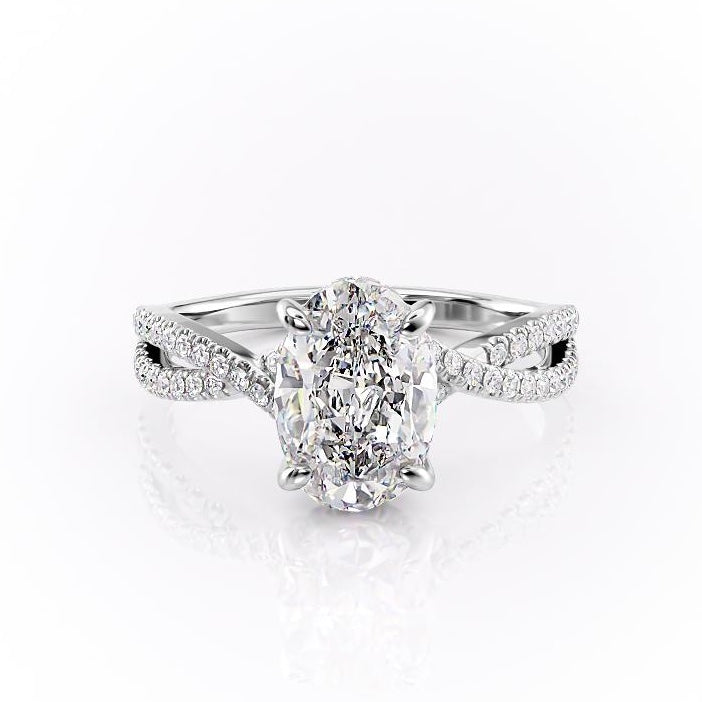 Oval Cut Lab Diamond Engagement Ring, Twisted Stone Set Band