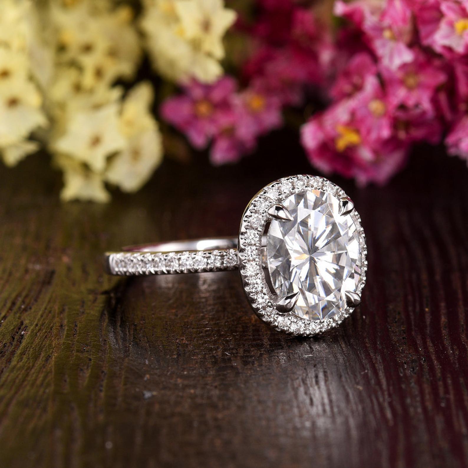 Oval Cut Lab Diamond Engagement Ring, Vintage Halo Design