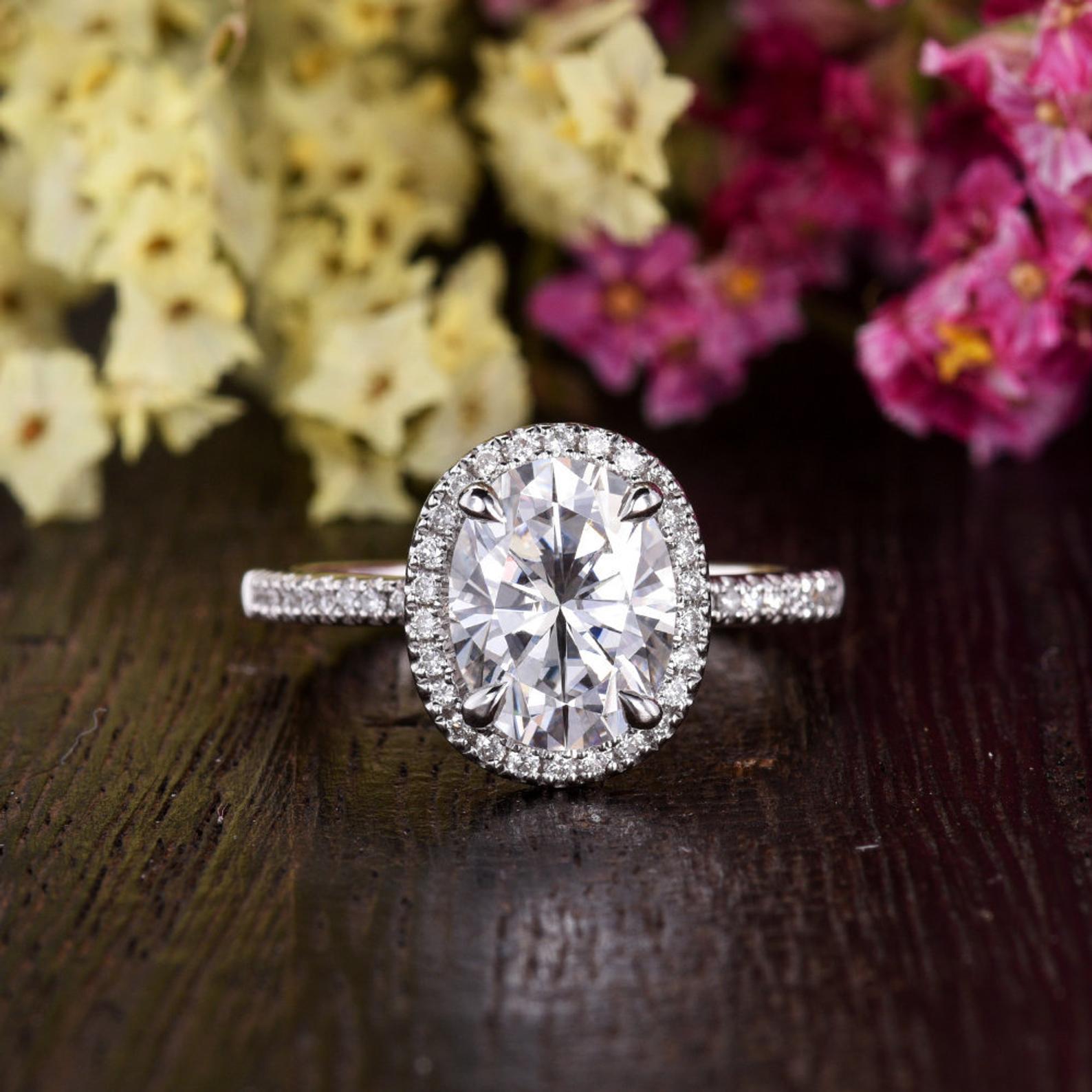Oval Cut Lab Diamond Engagement Ring, Vintage Halo Design
