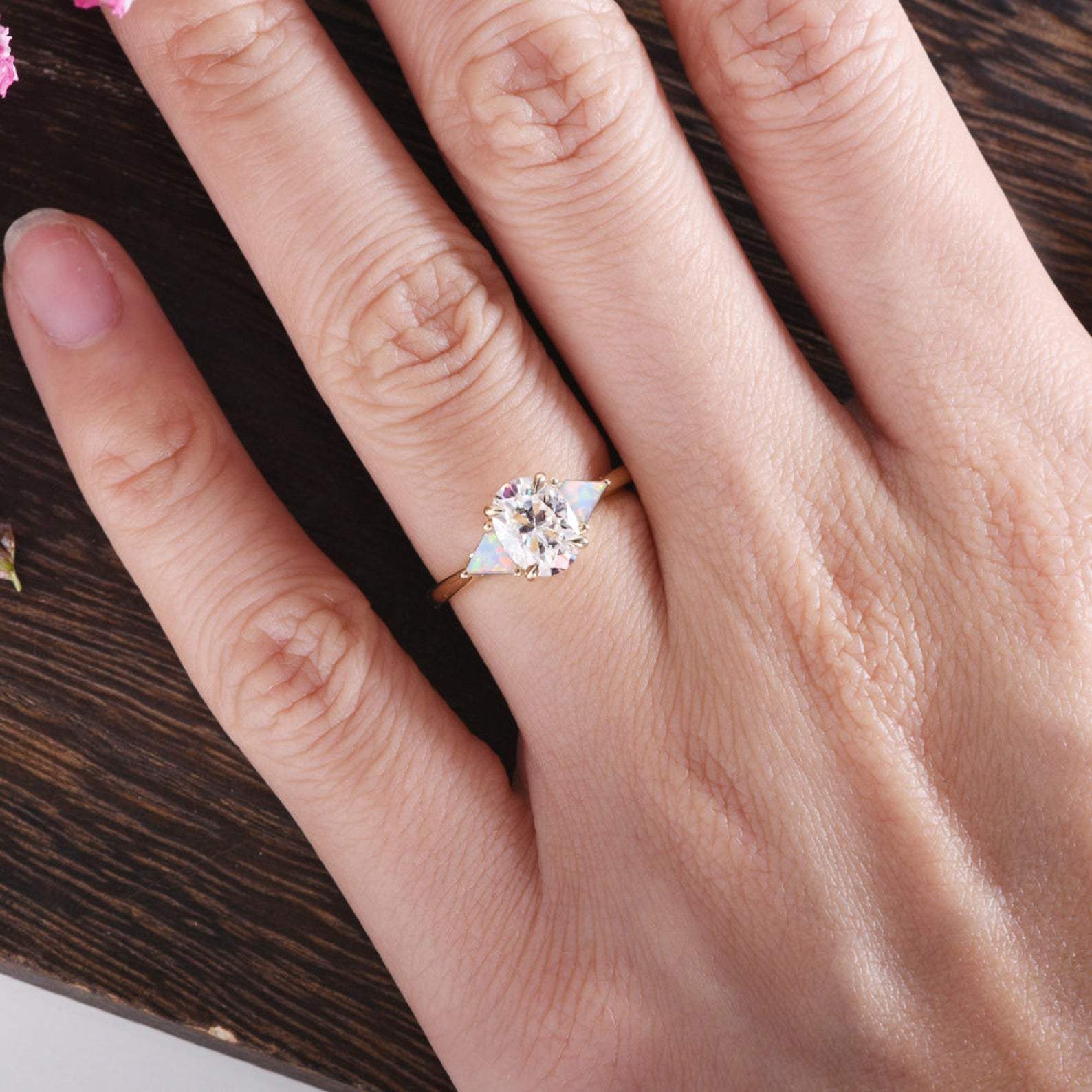 Oval Cut Lab Diamond & Opal Engagement Ring, Edwardian Design