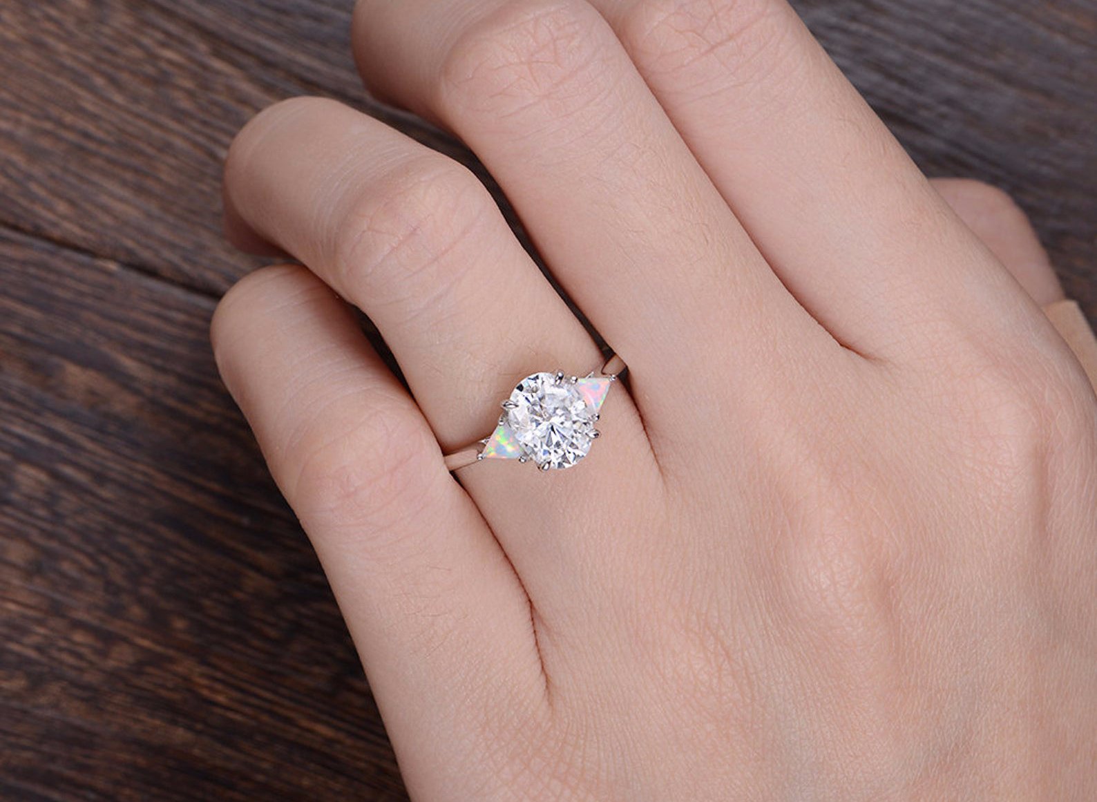 Oval Cut Lab Diamond & Opal Engagement Ring, Edwardian Design