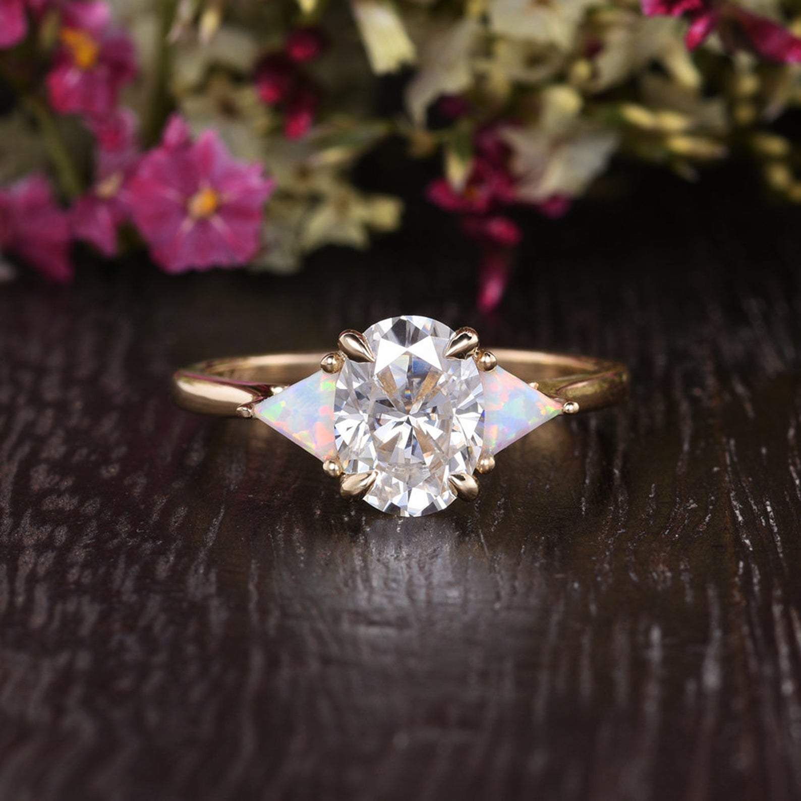 Oval Cut Lab Diamond & Opal Engagement Ring, Edwardian Design