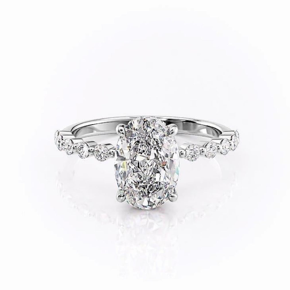 Oval Cut Lab Diamond Shoulder Set Ring With Hidden Halo