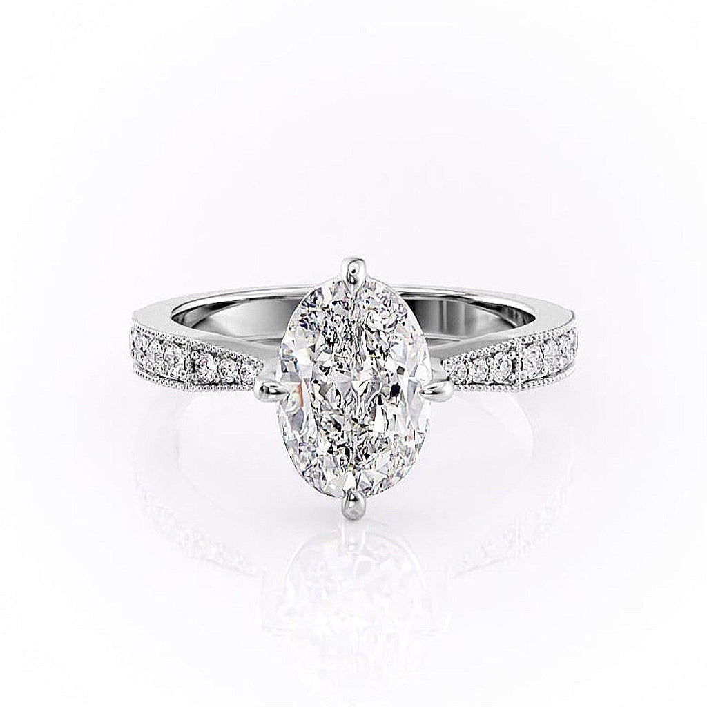 Oval Cut Lab Diamond Stone Set Shoulders With Milgrain Edge