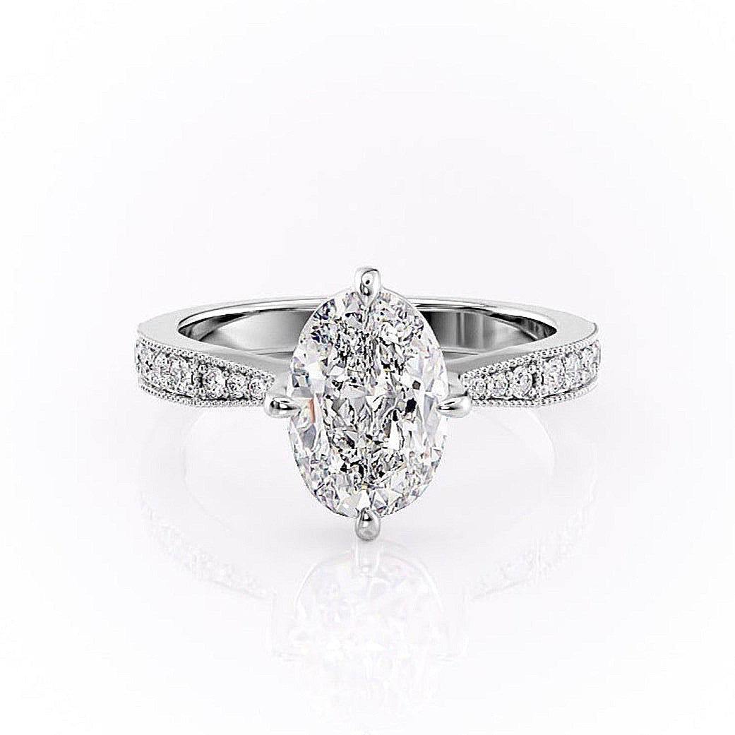 Oval Cut Lab Diamond Stone Set Shoulders With Milgrain Edge