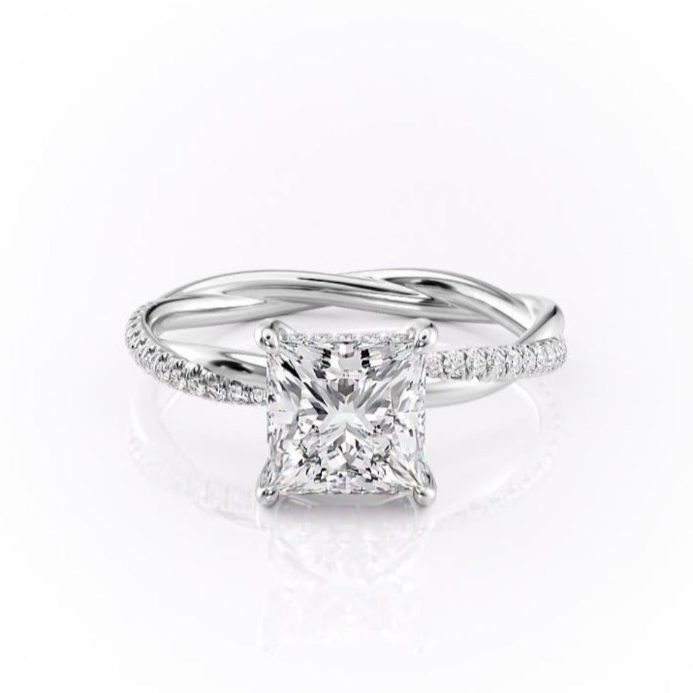 Princess Cut Lab Diamond Twisted Shoulder Set Ring With Hidden Halo