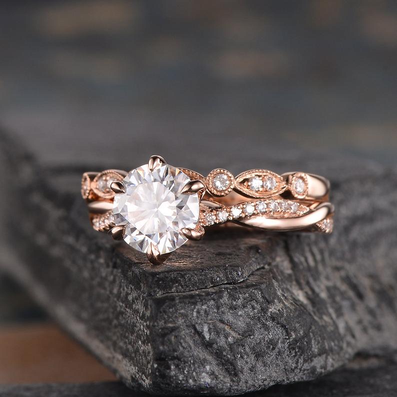 Round Cut Lab Diamond Bridal Ring Set