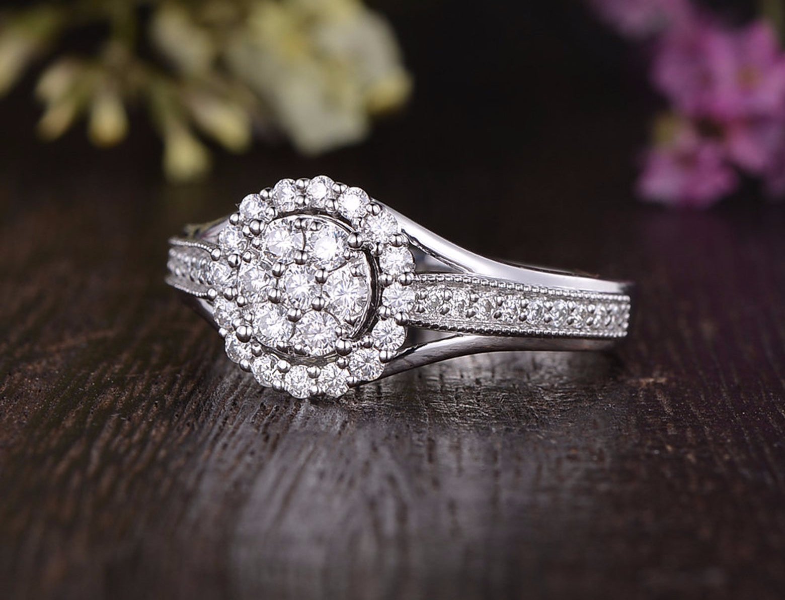 Round Cut Lab Diamond Cluster Engagement Ring, Vintage Design