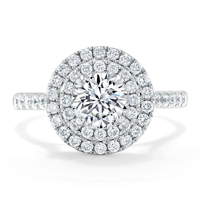 Round Cut Lab Diamond Double Halo Engagement Ring, Tiffany Style