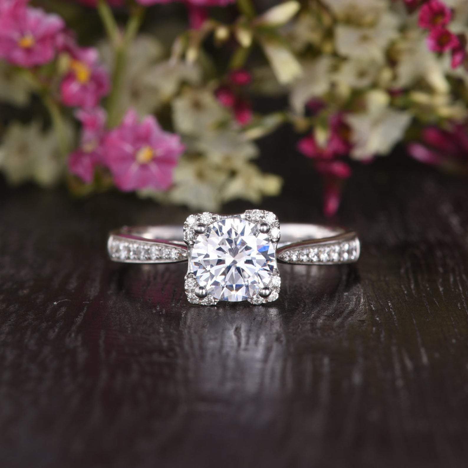 Round Cut Lab Diamond Engagement Ring, Art Deco Design