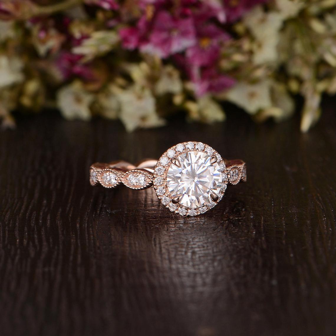 Round Cut Lab Diamond Engagement Ring, Art Deco Halo Design