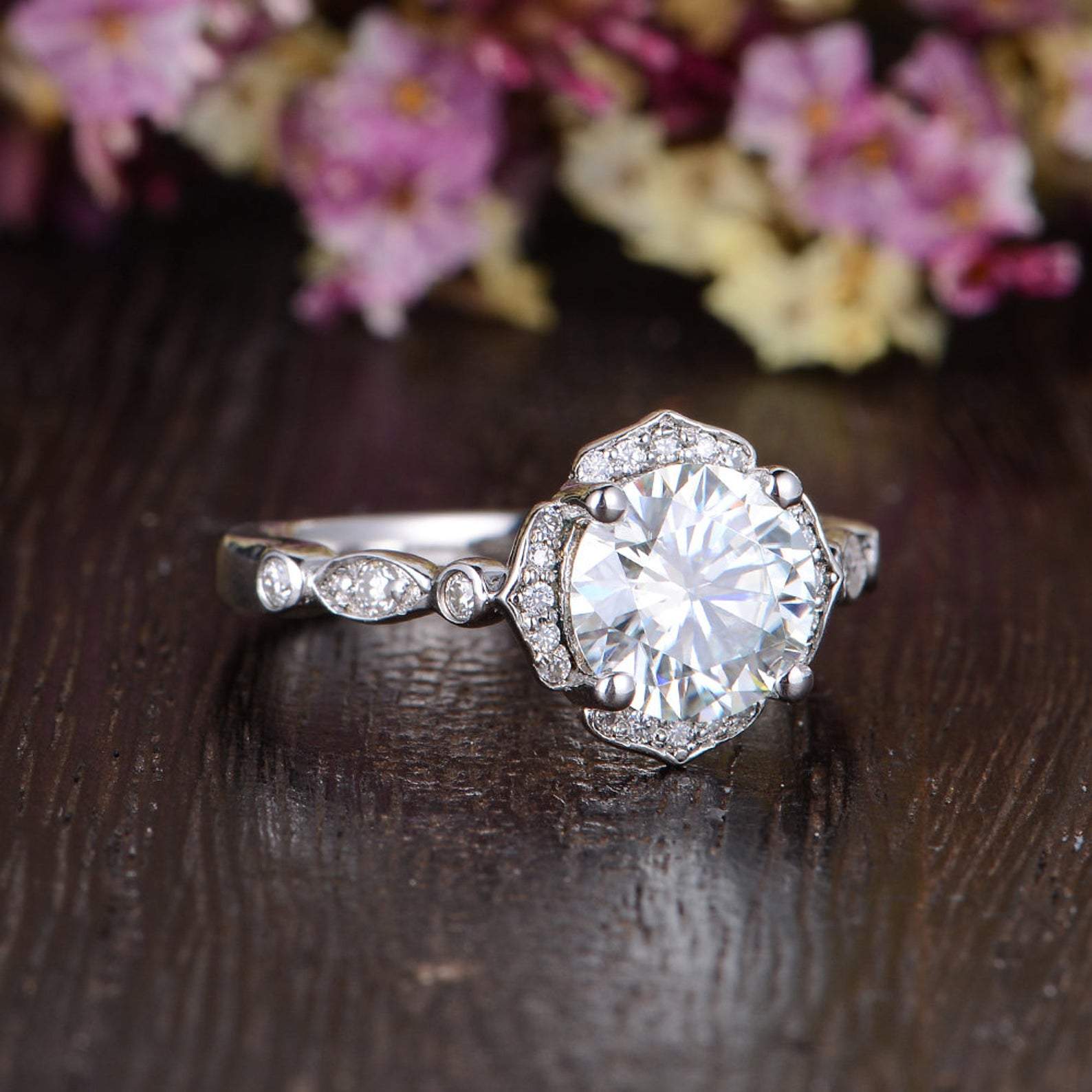 Round Cut Lab Diamond Engagement Ring, Art Deco Halo Design