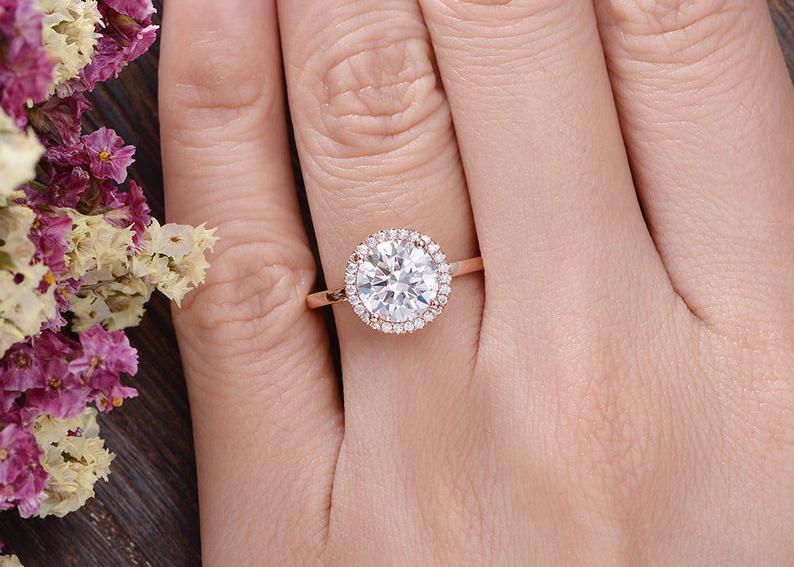 Round Cut Lab Diamond Engagement Ring, Art Deco Halo Design