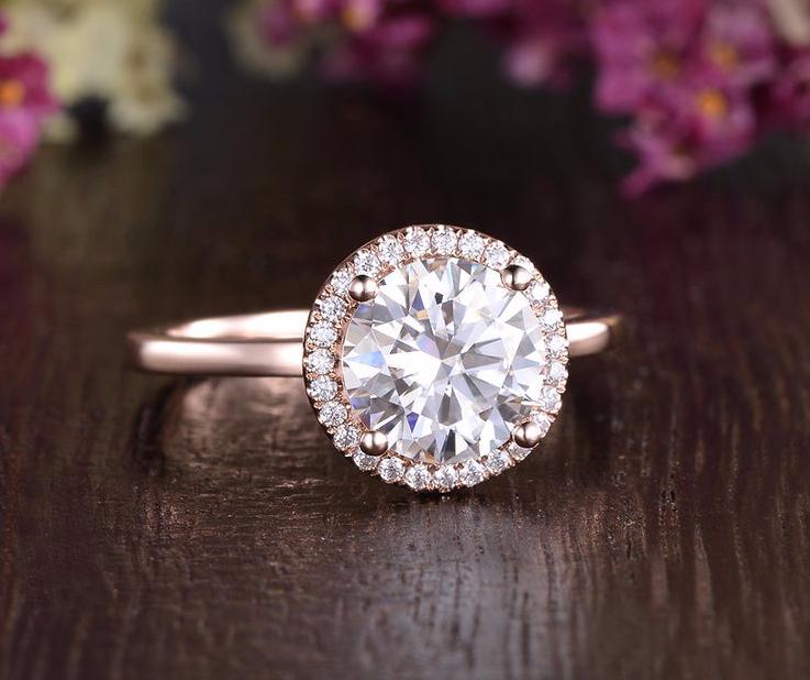 Round Cut Lab Diamond Engagement Ring, Art Deco Halo Design