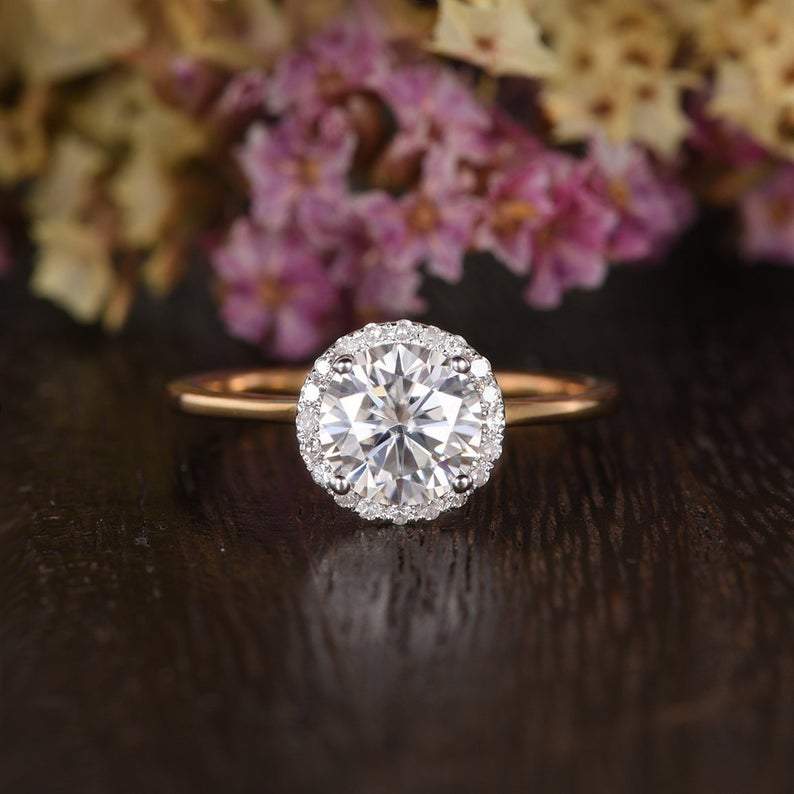Round Cut Lab Diamond Engagement Ring, Art Deco Halo Design