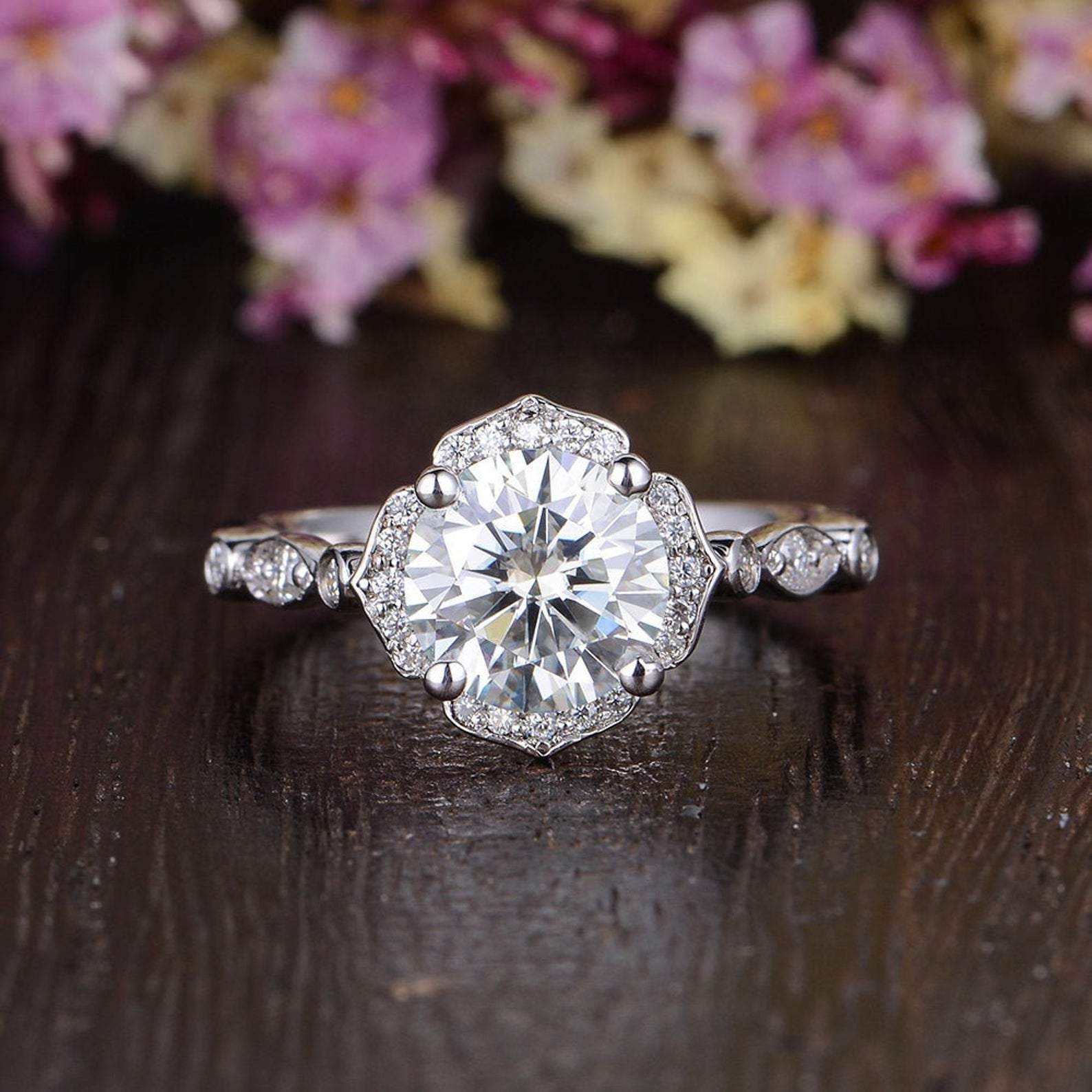 Round Cut Lab Diamond Engagement Ring, Art Deco Halo Design