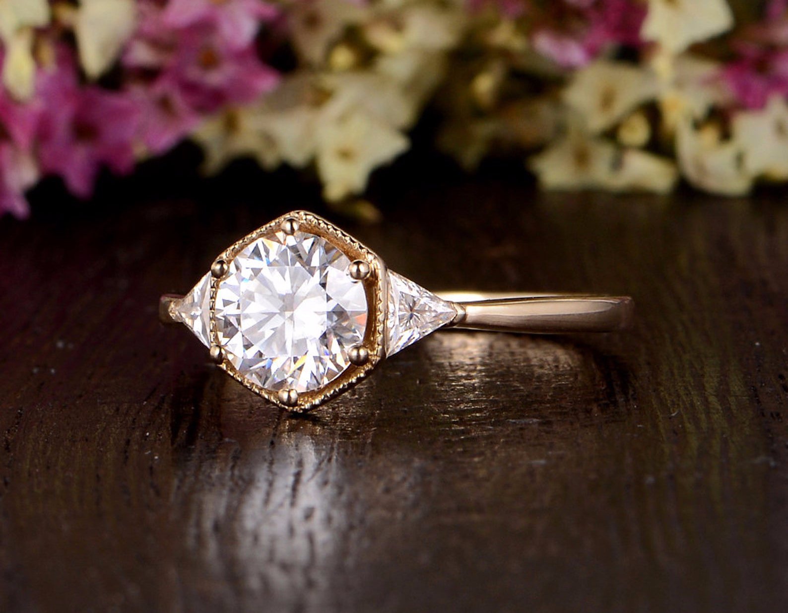 Round Cut Lab Diamond Engagement Ring, Art Deco Trilogy Design