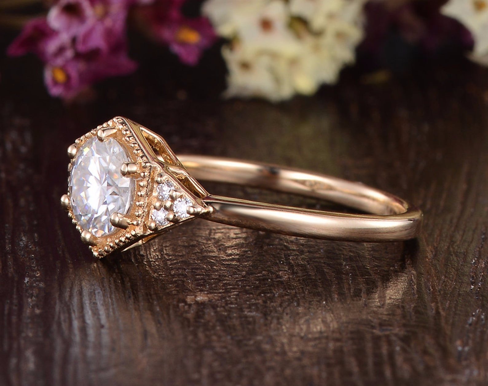 Round Cut Lab Diamond Engagement Ring, Art Deco Trilogy Design