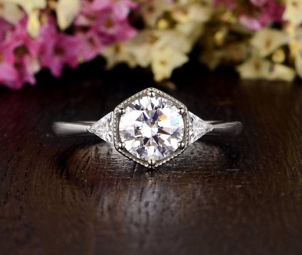 Round Cut Lab Diamond Engagement Ring, Art Deco Trilogy Design