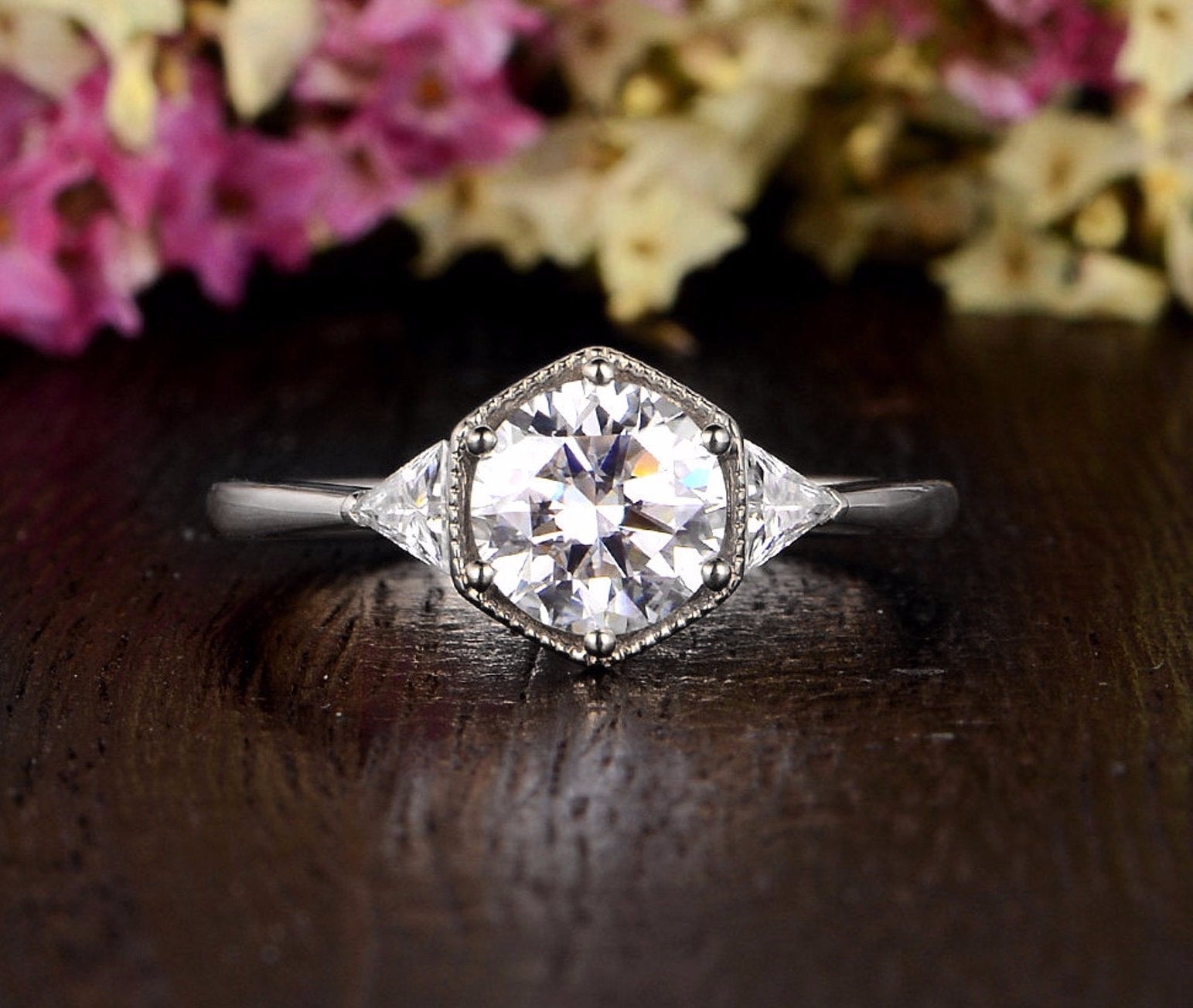 Round Cut Lab Diamond Engagement Ring, Art Deco Trilogy Design