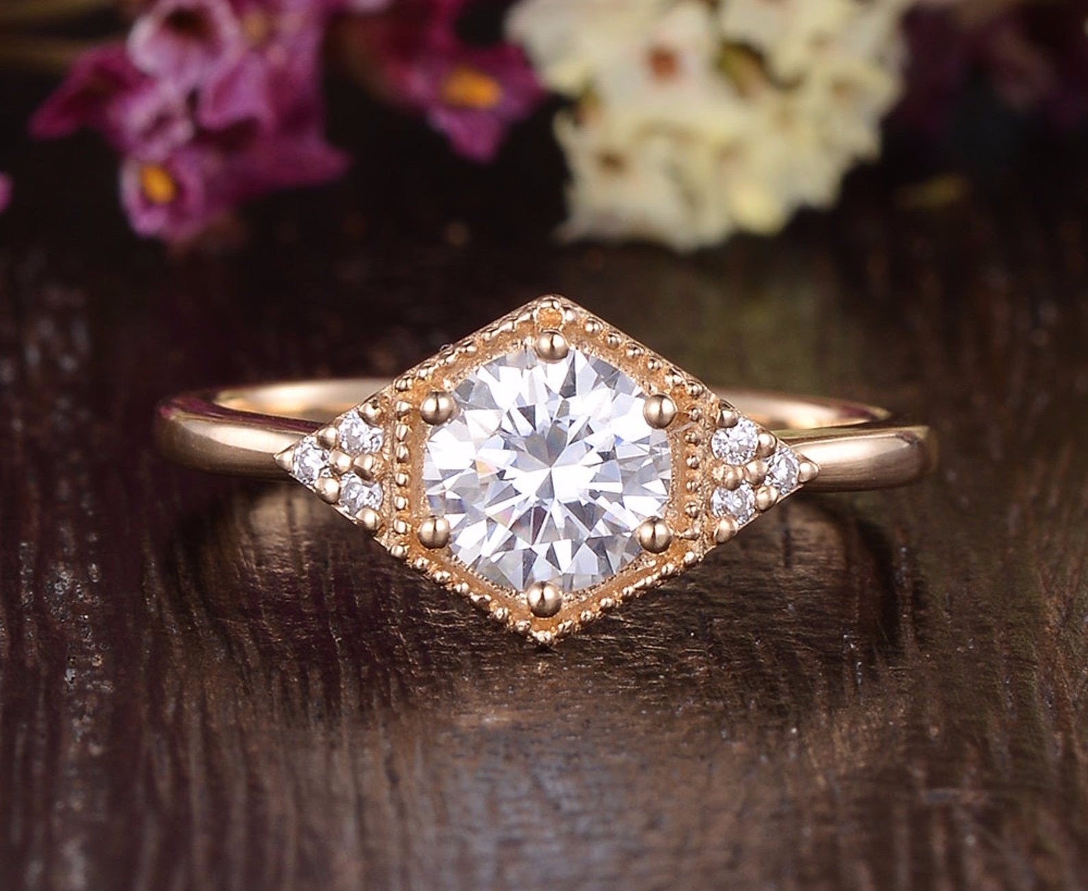 Round Cut Lab Diamond Engagement Ring, Art Deco Trilogy Design